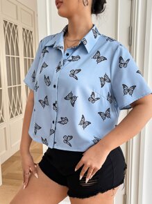 SHEIN EZwear Plus Size Butterfly Print Button Front Shirt For Summer - Multicolor - View 1