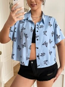 SHEIN EZwear Plus Size Butterfly Print Button Front Shirt For Summer - Multicolor - View 6