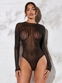 SHEIN BAE Striped Pattern Mesh Bodysuit - Black - View 1