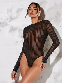 SHEIN BAE Striped Pattern Mesh Bodysuit - Black - View 6