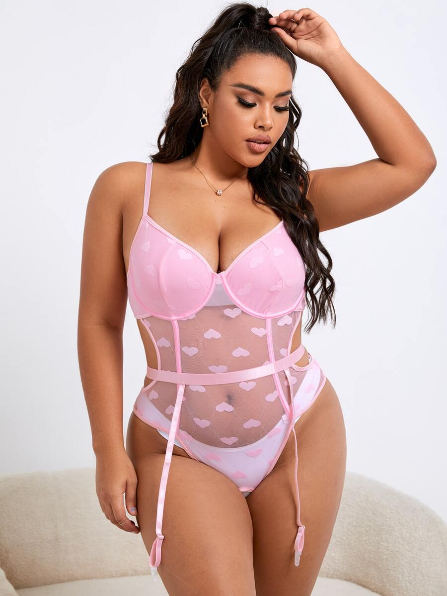 Plus Heart Print Mesh Underwire Garter Teddy Bodysuit - Baby Pink - View 1