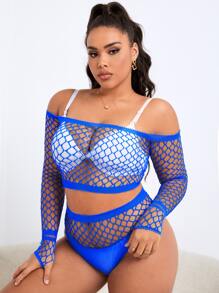 Classic Sexy Plus Hollow Out Off Shoulder Lingerie Set Without Liner - Blue - View 3