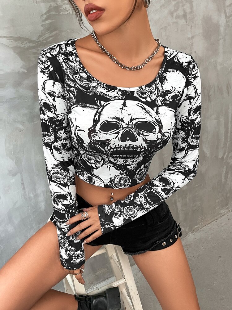Crop T-shirt met grunge-schedelprint - Zwart & wit - Bekijken 3