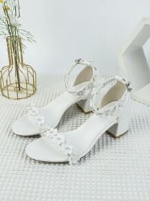 Sandalias casuales de tacón grueso con estampado de flores y perlas para mujer, punta cuadrada de verano