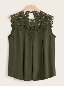 SHEIN Clasi 大碼提花蕾絲肩部無袖襯衫 - 軍綠色 - 查看 1