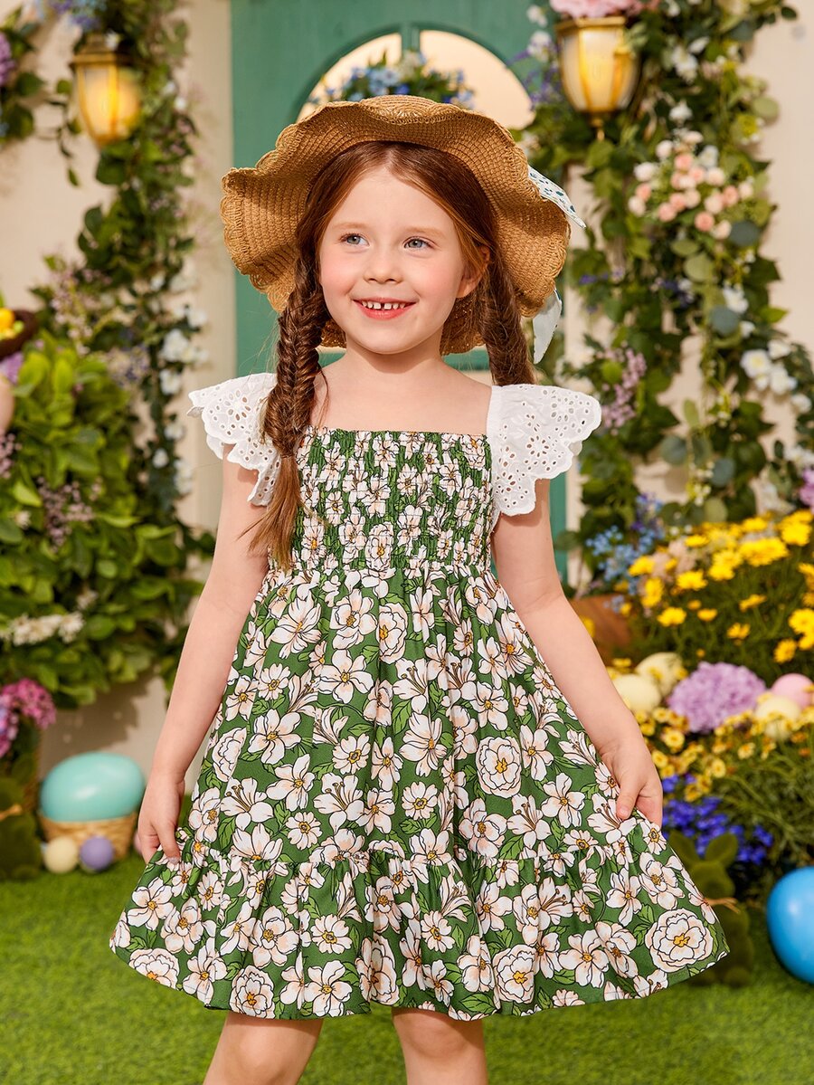 SHEIN Toddler Girls Floral Print Eyelet Embroidery Ruffle Trim Dress - Multicolor - View 1