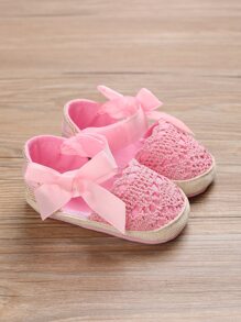 學院粉色踝帶平底鞋適用於女孩嬰兒蝴蝶結裝飾編織細節平底鞋