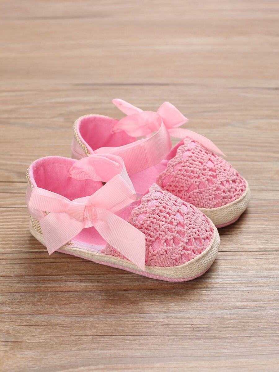 學院粉色踝帶平底鞋適用於女孩嬰兒蝴蝶結裝飾編織細節平底鞋
