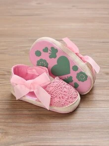 學院粉色踝帶平底鞋適用於女孩嬰兒蝴蝶結裝飾編織細節平底鞋