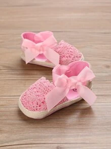 學院粉色踝帶平底鞋適用於女孩嬰兒蝴蝶結裝飾編織細節平底鞋