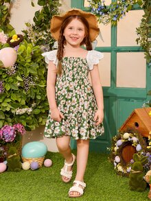 SHEIN Toddler Girls Floral Print Eyelet Embroidery Ruffle Trim Dress - Multicolor - View 4