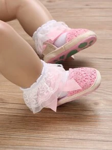 學院粉色踝帶平底鞋適用於女孩嬰兒蝴蝶結裝飾編織細節平底鞋