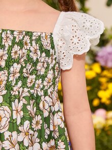 SHEIN Toddler Girls Floral Print Eyelet Embroidery Ruffle Trim Dress - Multicolor - View 5