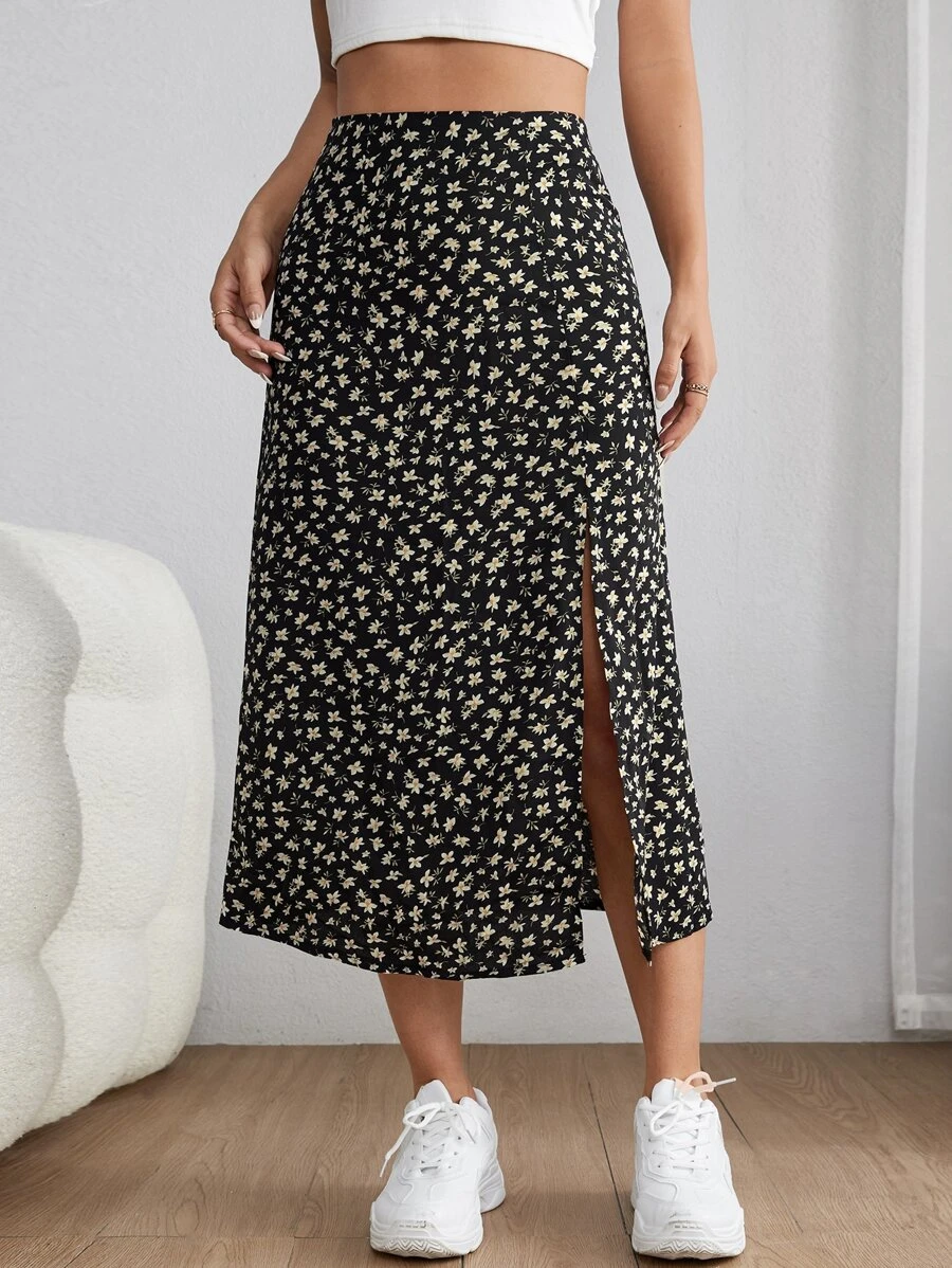 SHEIN PETITE Ditsy Floral Print Split Thigh Summer Skirt Skirt With ...