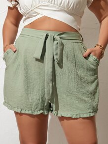 SHEIN VCAY 大碼褶邊附腰帶短褲 - 薄荷綠 - 查看 1