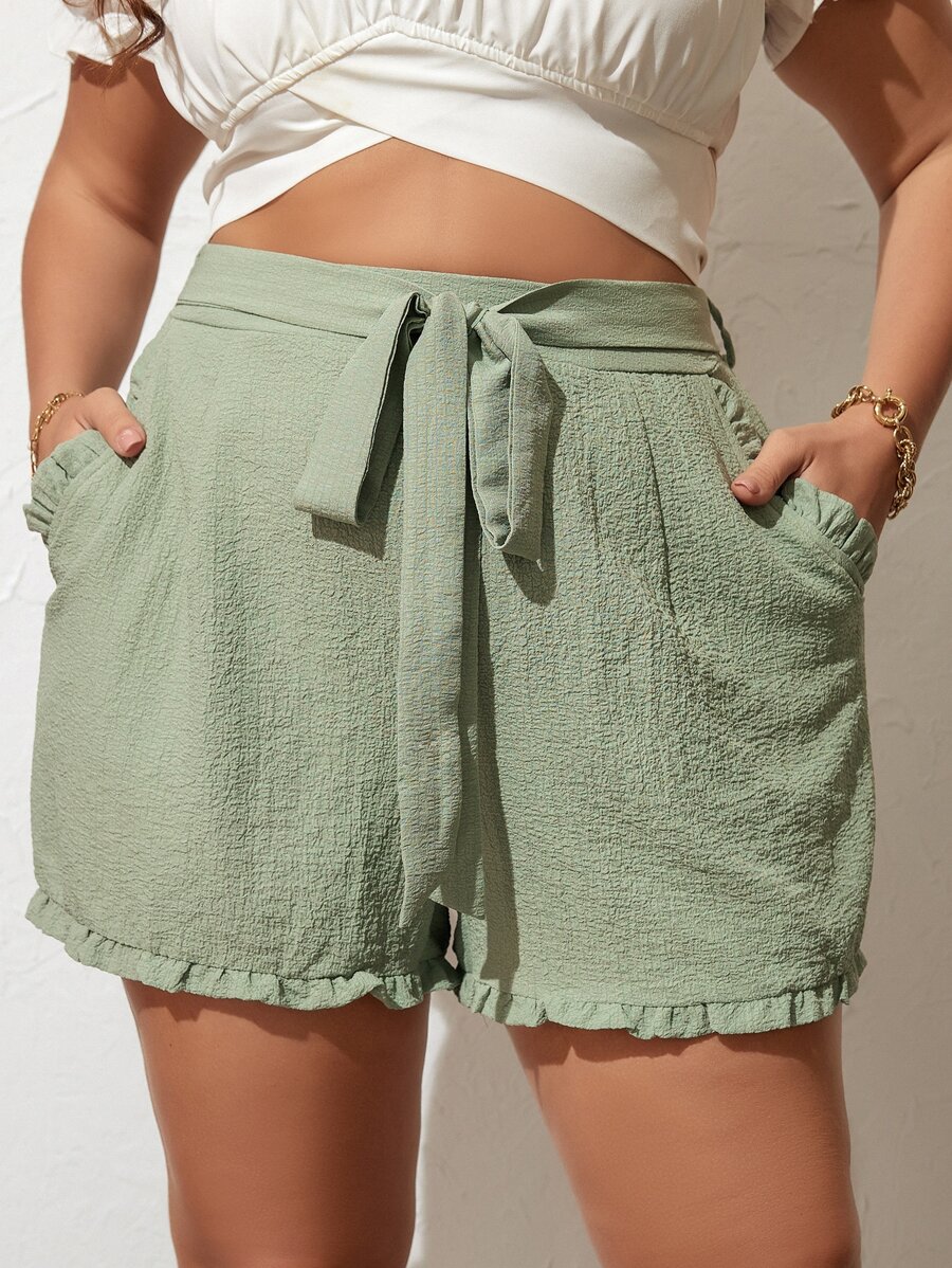 SHEIN VCAY 大碼褶邊附腰帶短褲 - 薄荷綠 - 查看 1