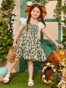 SHEIN Toddler Girls Floral Print Eyelet Embroidery Ruffle Trim Dress - Multicolor - View 6