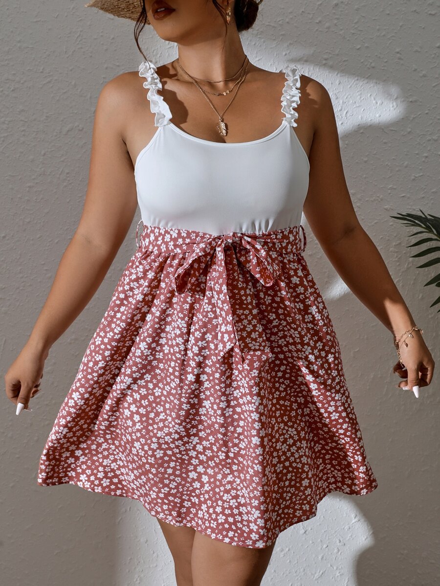 SHEIN VCAY Plus Ditsy Floral Print Frill Trim Cami Dress - Multicolor - View 1