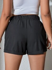 Dreamara 大碼腰部抽繩口袋貼布卷邊短褲 - 黑色 - 查看 2