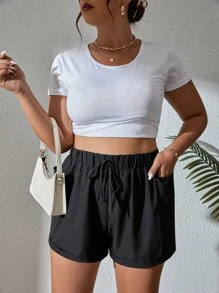 Dreamara 大碼腰部抽繩口袋貼布卷邊短褲 - 黑色 - 查看 3