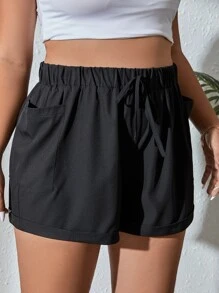 Dreamara 大碼腰部抽繩口袋貼布卷邊短褲 - 黑色 - 查看 5