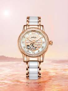 Rhinestone Decor Hollow Out Mechanical Watch