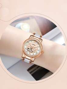 Rhinestone Decor Hollow Out Mechanical Watch
