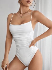 SHEIN PETITE Body De Tirantes Con Fruncido Sólido Para Mujeres De Verano