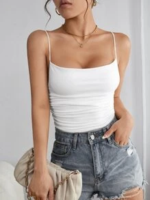 SHEIN PETITE Body De Tirantes Con Fruncido Sólido Para Mujeres De Verano