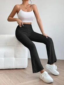 SHEIN PETITE Casual Simple Solid Flare Leg Black Pants - Black - View 5