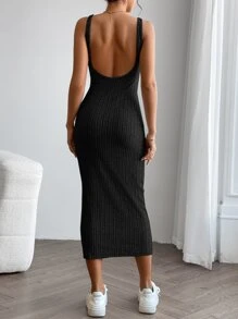 SHEIN PETITE 素色露背背心連衣裙 - 黑色 - 查看 2