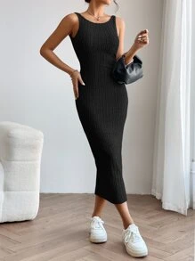 SHEIN PETITE 素色露背背心連衣裙 - 黑色 - 查看 3