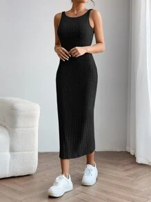 SHEIN PETITE 素色露背背心連衣裙 - 黑色 - 查看 4