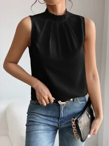 SHEIN PETITE Solid Keyhole Back Sleeveless Blouse - Black - View 6