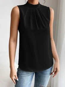 SHEIN PETITE Solid Keyhole Back Sleeveless Blouse - Black - View 3