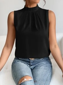 SHEIN PETITE Solid Keyhole Back Sleeveless Blouse - Black - View 5