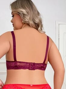 Plus Floral Lace Underwire Bra - Burgundy - View 2