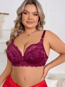 Plus Floral Lace Underwire Bra - Burgundy - View 4
