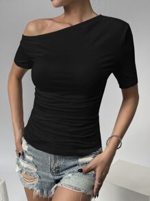 SHEIN Privé 素色不對稱領側收褶T恤 - 黑色 - 查看 3