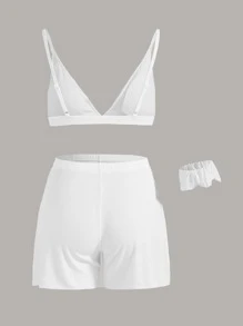 Ocili Leisure SHEIN X Rybka Twins  Soft Triangle Bralette & Shorts & Scrunchie Set Breathable-White - White - View 5