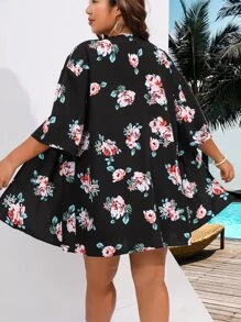 SHEIN Holidaya Plus Floral Print Drop Shoulder Blouse & Shorts - Black - View 2