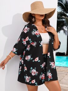 SHEIN Holidaya Plus Floral Print Drop Shoulder Blouse & Shorts - Black - View 6
