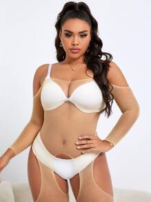 Plus Cut Out Crochet Body Stocking Without Lingerie Set - Apricot - View 5