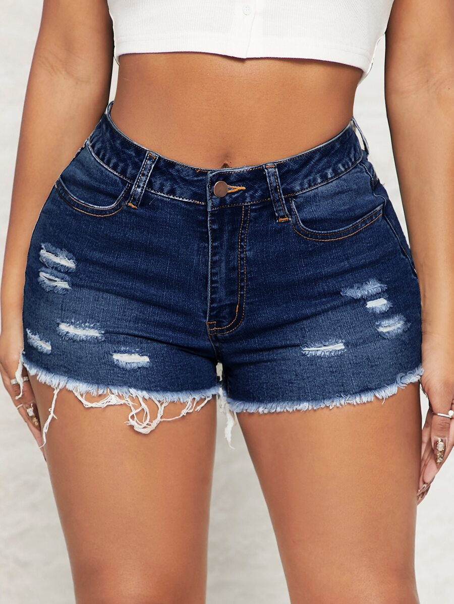 SHEIN SXY Quần short denim nữ Nút Túi Hem thô Bị tách Dây kéo màu trơn - Rửa tối - Xem 1