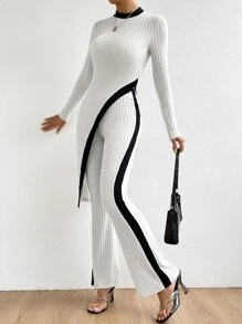 SHEIN Privé Pantalones con camiseta ribete en contraste bajo asimétrico - Blanco - Ver 1