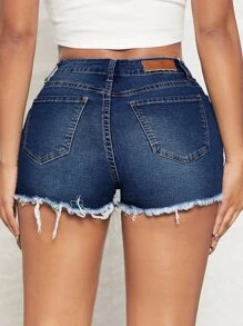 SHEIN SXY Quần short denim nữ Nút Túi Hem thô Bị tách Dây kéo màu trơn - Rửa tối - Xem 2