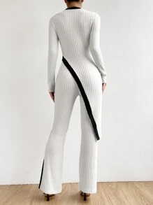 SHEIN Privé Pantalones con camiseta ribete en contraste bajo asimétrico - Blanco - Ver 2