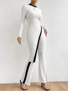 SHEIN Privé Pantalones con camiseta ribete en contraste bajo asimétrico - Blanco - Ver 3