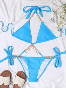 SHEIN Swim 夏季沙灘鏈接領口三角綁帶比基尼套裝 - 薄荷藍 - 查看 5