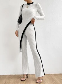 SHEIN Privé Pantalones con camiseta ribete en contraste bajo asimétrico - Blanco - Ver 4